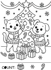 Printable coloring page Cat Dog Decorating Christmas Tree for kids kindergarten preschool worksheet