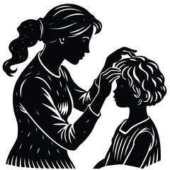 Mother and Child Hair Styling Silhouette Family Black and White Image on White Background