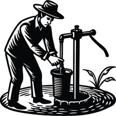 Water Pump Man Silhouette Vector Illustration of a Farmer Filling Bucket on White Background