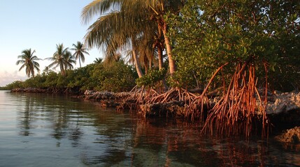 view of tropical mangrove ecosystem during golden hour with reflections in shallow brackish water. mangrove forest, golden hour light, reflective water, wetland environment, tropical ecology, 