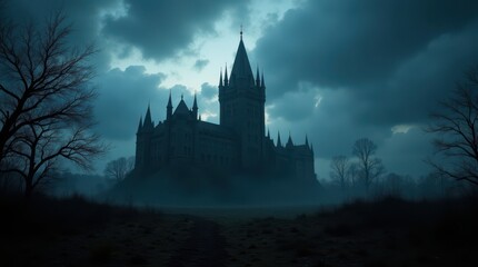 Spooky Castle Silhouette Against a Stormy Night Sky.