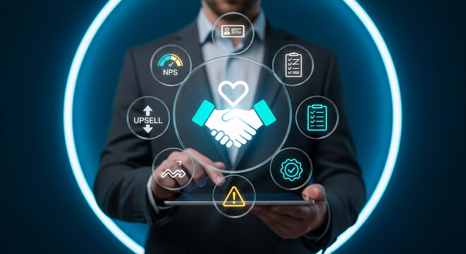 A man in a suit interacting with a tablet displaying a handshake icon with a heart, encircled by icons representing customer satisfaction, loyalty programs, and business growth