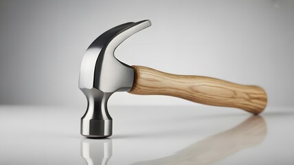 A modern claw hammer with a wooden handle and polished steel head resting on a reflective white surface.