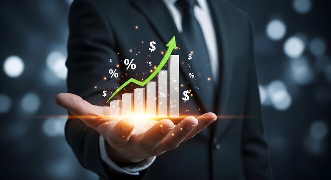 Businessman holding glowing financial growth chart with currency symbols
