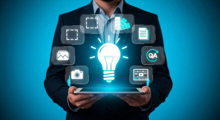 Businessman holding a tablet with a glowing lightbulb and various digital icons representing ideas, innovation, and technology, symbolizing creativity and problemsolving in the digital age