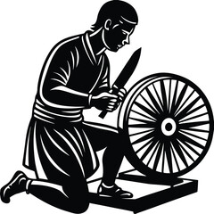 Knife Sharpener Silhouette Illustration of a Craftsman at Work on a Grinding Wheel on White Background