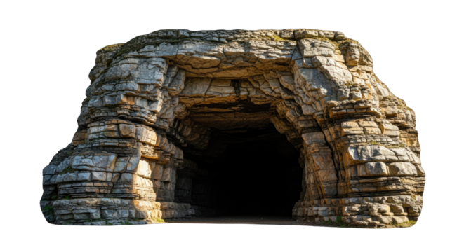 Natural Stone Cave Entrance With Rough Textured Walls and Dark Interior Illuminated by Natural Sunlight Outdoor Daylight Scene