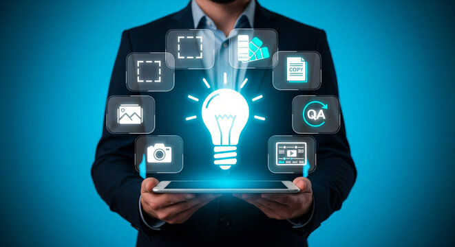 Businessman holding a tablet with a glowing lightbulb and various digital icons representing ideas, innovation, and technology, symbolizing creativity and problemsolving in the digital age