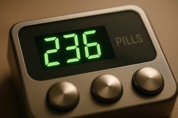 A close-up of an electronic pill counter displaying the number 236 in bright green digits, featuring metallic control buttons and a clean design used in precise medication management.