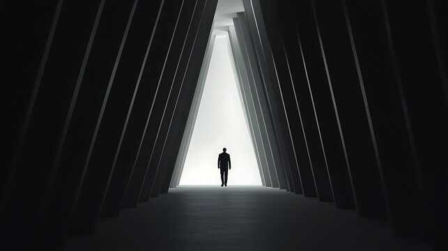 A lone figure walks through a stark, geometric corridor. The contrast between light and shadow creates a dramatic and mysterious atmosphere. Forward into the light he goes. - Powered by Adobe