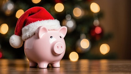 Cute Pink Piggy Bank Wearing Santa Hat on Christmas Background