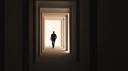A man walks through a hall of light and shadows, a metaphorical journey. The passage is framed by architectural pillars. The illumination grows closer, beckoning one forward.