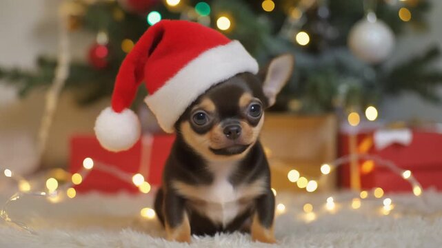 Ein winziger Chihuahua-Welpe sitzt unter einem festlich geschm&uuml;ckten Weihnachtsbaum