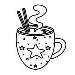 Outline christmas cocoa mug with star pattern candy cane and whipped cream