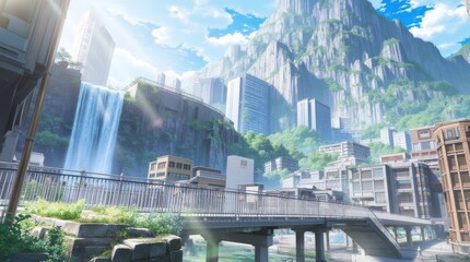 Futuristic Cityscape with Waterfall and Mountains.