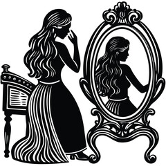 Elegant Woman Silhouette Gazing into Mirror with Ornate Frame in Vector Art on White Background