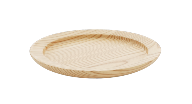Natural Wooden Plate Round Dish with Subtle Texture and Grain Detail Isolated on Transparent Background Studio Lighting