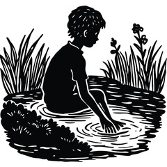 Boy Playing in Pond Silhouette Illustration Art, Outdoors, Relaxation on White Background