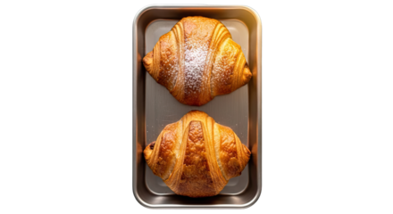 Golden Brown Baked Croissants Topped with Powdered Sugar and Chocolate Filling in a Baking Tray Isolated on a Transparent Background in Studio Lighting