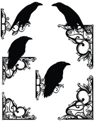 Obraz premium fairy tale ornament frame corners with sitting watchful raven birds - black and white vector decor design for witchcraft and sorcery concept