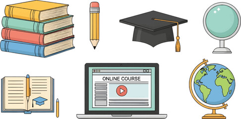 A complementary set of education icons featuring an open book, a stack of books, a globe, and a laptop with e-learning content. 