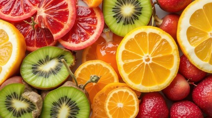 Vibrant Assortment of Fresh Sliced Citrus Fruits and Kiwi.