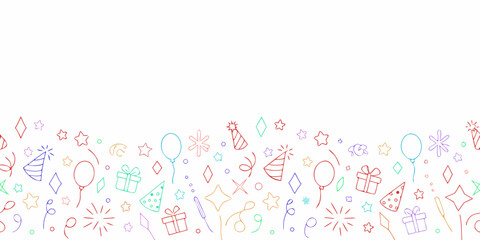 Seamless border of colorful hand drawn party elements on a white background for celebration and fun