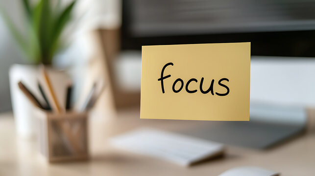 Office Desk Focus: A computer setup with a note that says focus on it, including a keyboard, plant, and mouse to keep you on task at work and get your work done.