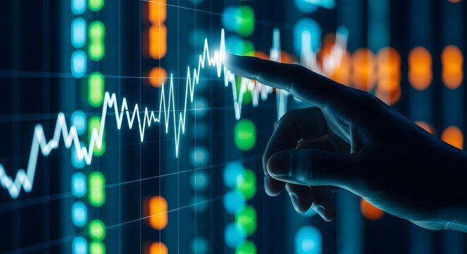 Finger pointing at glowing stock market graph analysis