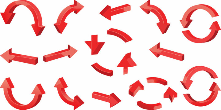 Collection of red 3d arrows pointing in various directions and forming cycles