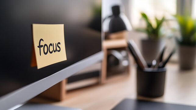 A work desk featuring a monitor with a sticky note reminding you to "focus" and a black pen holder on the desk, conveying a message of concentration and productivity in a workspace.
