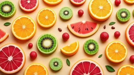 Obraz premium Colorful Fruit Slices - A Vibrant and Healthy Food Arrangement.