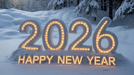 Illuminated 2026 and happy new year text in winter snow scene