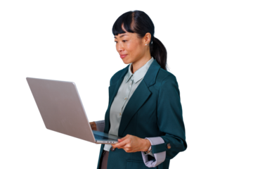 Asian businesswoman working on laptop, remote business and digital technology, female professional using computer, transparent background