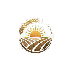 Golden sunrise over a cultivated wheat field in a circular emblem