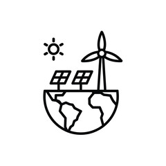 Clean energy concept with wind turbine solar panels and sun on planet earth