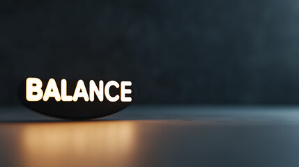 A composition showing the illuminated word "BALANCE" on a rocking platform against a gray backdrop evokes equilibrium and harmony, visualized in a dark and minimalist aesthetic.