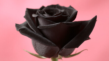  a single black rose in extreme close-up, blurred pink background creating a romantic Valentine atmosphere.