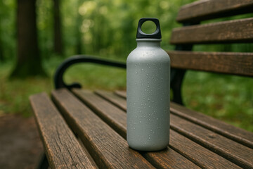 Reusable Metal Water Bottle on Wooden Park Bench Outdoors