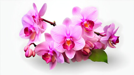 Pink orchids bloom on a white surface with bright lighting. Great for elegant branding, posters, or floral presentations.