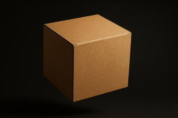Minimal Kraft Cardboard Box Floating in Dark Studio Background