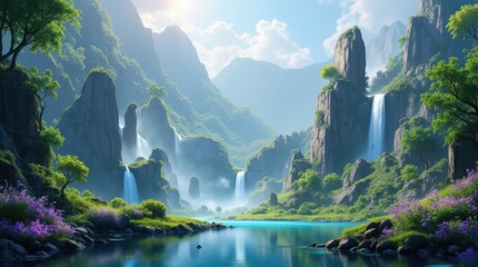 Serene Mountain Landscape with Waterfalls and Lush Vegetation.