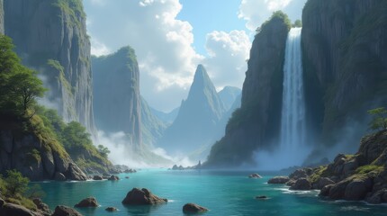 Majestic Waterfall Cascading into Serene Turquoise Lake.