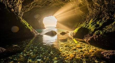 Golden Sun Rays Illuminate Pristine Sea Cave Entrance to Tranquil Ocean