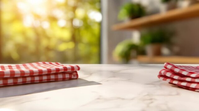 Folded gingham napkin on marble countertop with sunny background