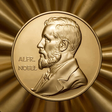 Closeup of the alfred nobel medal, a symbol of scientific achievement and innovation, with a radiant golden background
