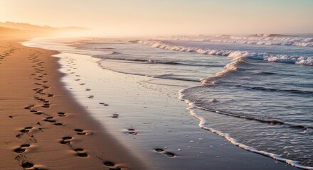 Golden Hour Footprints on Serene Coastal Beach