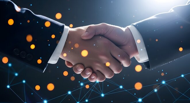 Business partners shaking hands with glowing lights and network connections - Powered by Adobe