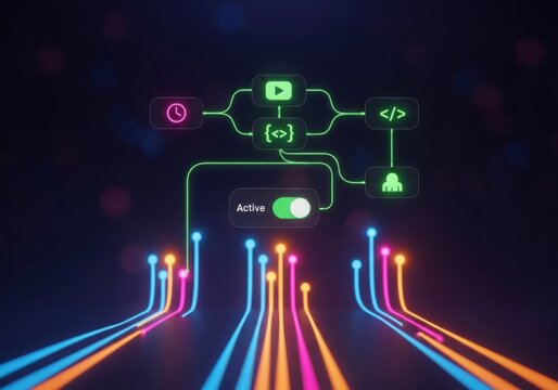Digital workflow automation process, glowing data connections