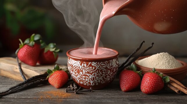 Creamy strawberry atole being poured from traditional clay pitcher into ornate ceramic cup with fresh berries and vanilla beans on rustic wooden table